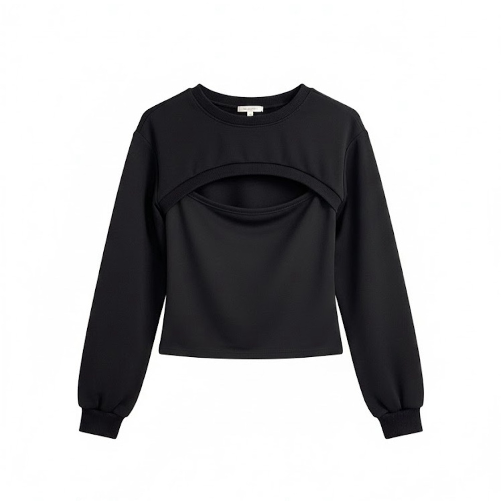 Chic Black Cut-Out Front Cropped Sweatshir